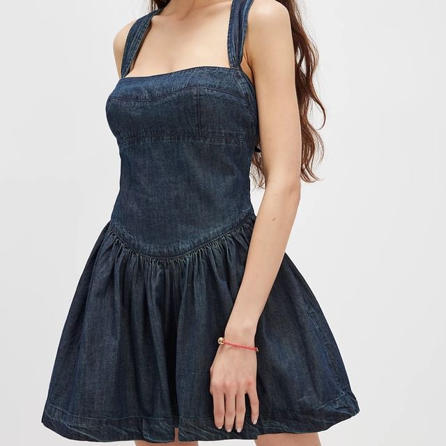 Sleeveless Dress Slim-Fit Mini Denim Washed Square-Neck