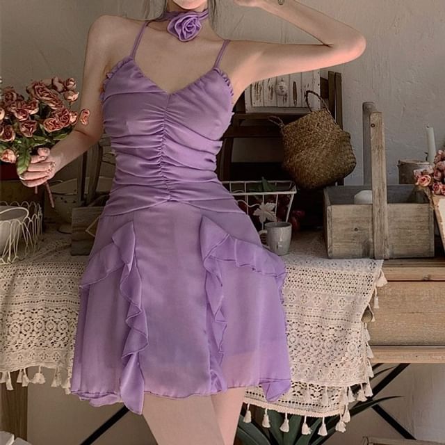 Ruffle Plain Strap A-Line Spaghetti Ruched Mini Dress