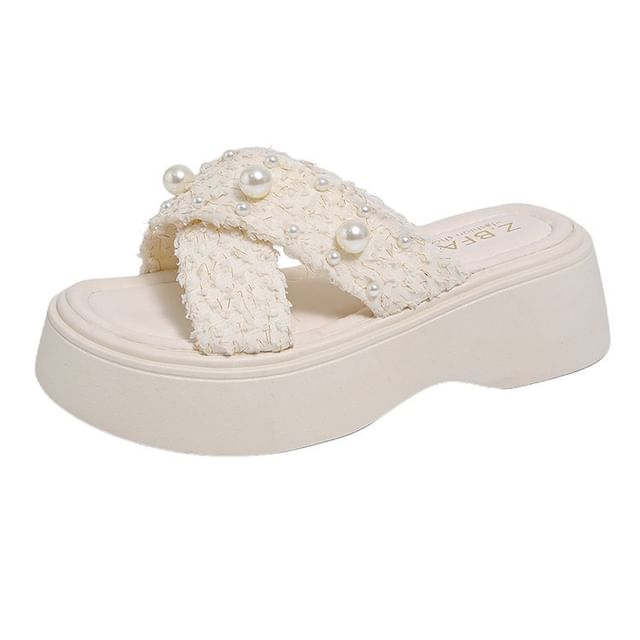 Slide Faux Criss Cross Platform Pearl Sandals