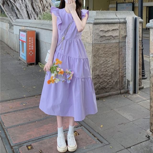 Neck Cap-Sleeve Round Ruffle Plain A-Line Dress Tiered Midi Trim