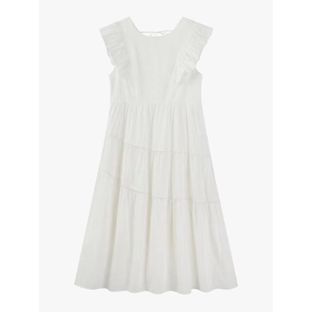 Neck Cap-Sleeve Round Ruffle Plain A-Line Dress Tiered Midi Trim