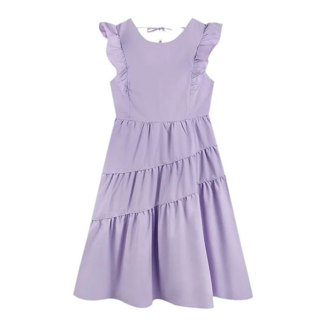 Neck Cap-Sleeve Round Ruffle Plain A-Line Dress Tiered Midi Trim