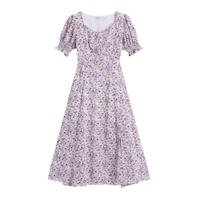 Floral Slit Dress Puff-Sleeve Midi A-Line