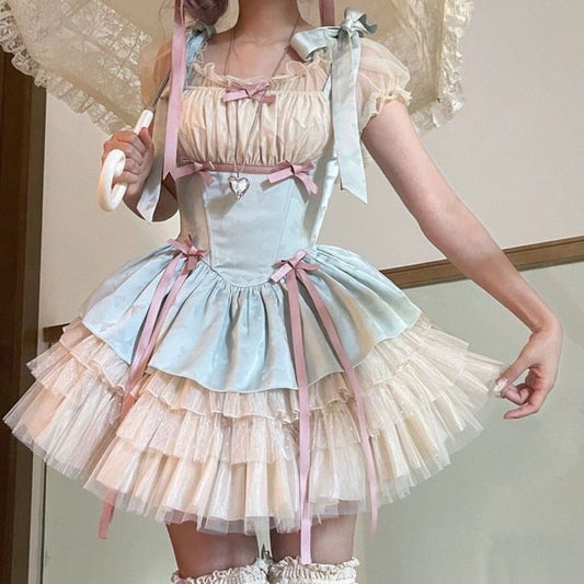 Sleeveless Bow Tiered Mesh Panel Mini A-Line Dress / Puff-Sleeve Scoop Neck Mesh Top / Petticoat Skirt / Set