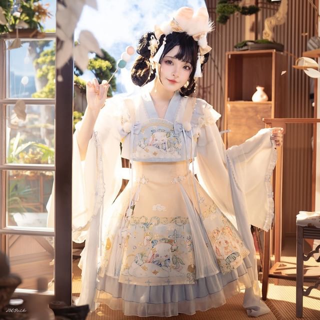 Sleeveless Rabbit Print Lace Trim A-Line Dress / Long-Sleeve V-Neck Contrast Trim Wrap Blouse / Petticoat Skirt / Set