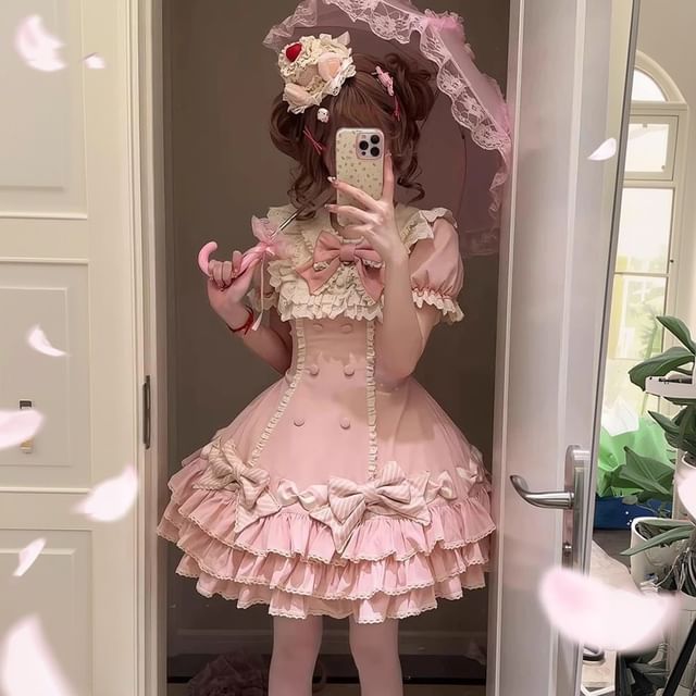 Short-Sleeve Bow Lace Panel Tiered Mini A-Line Dress / Arm Sleeves / Fascinator Hat / Hair Clip / Set