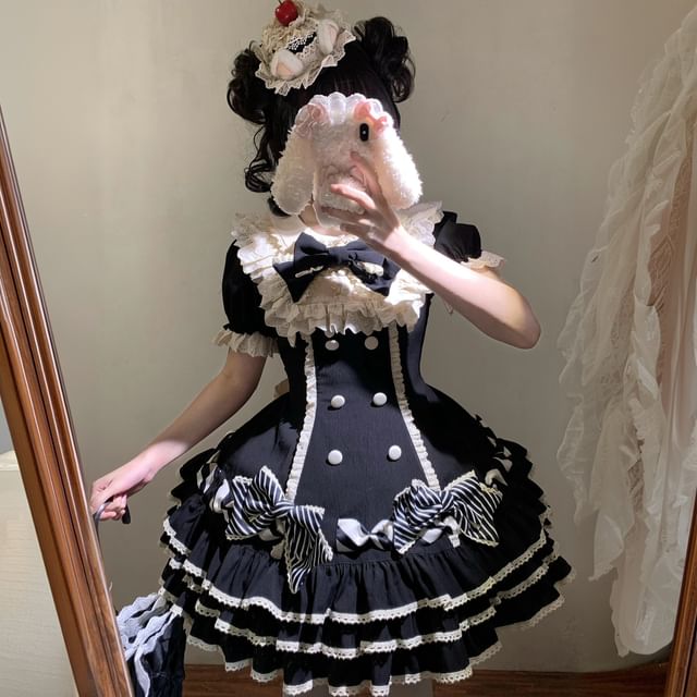 Short-Sleeve Bow Lace Panel Tiered Mini A-Line Dress / Arm Sleeves / Fascinator Hat / Hair Clip / Set