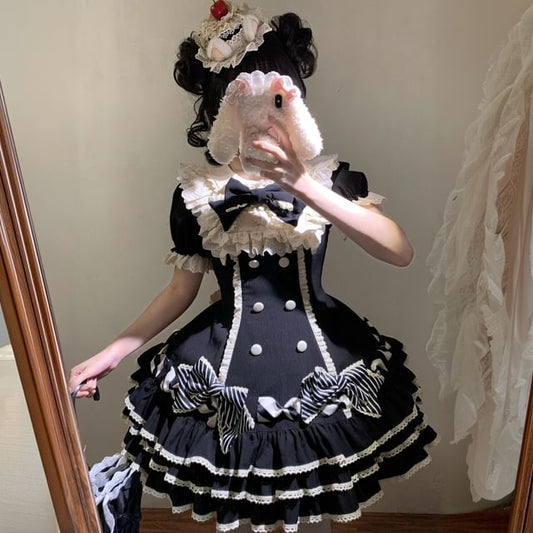 Short-Sleeve Bow Lace Panel Tiered Mini A-Line Dress / Arm Sleeves / Fascinator Hat / Hair Clip / Set