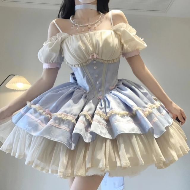 Halter Bow Lace Trim A-Line Corset Dress / Puff Arm Sleeves / Bow / Petticoat Skirt / Set