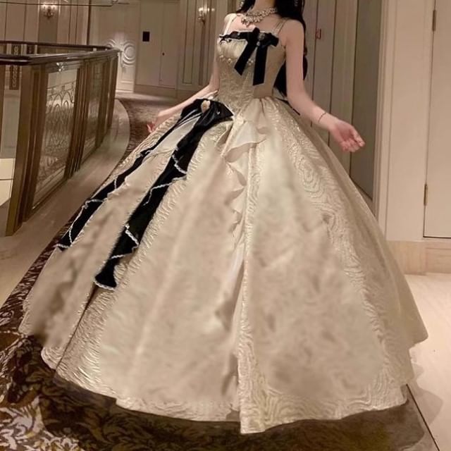 Spaghetti Strap Faux Pearl Bow Ruffle Trim A-Line Evening Gown / Petticoat Skirt / Set