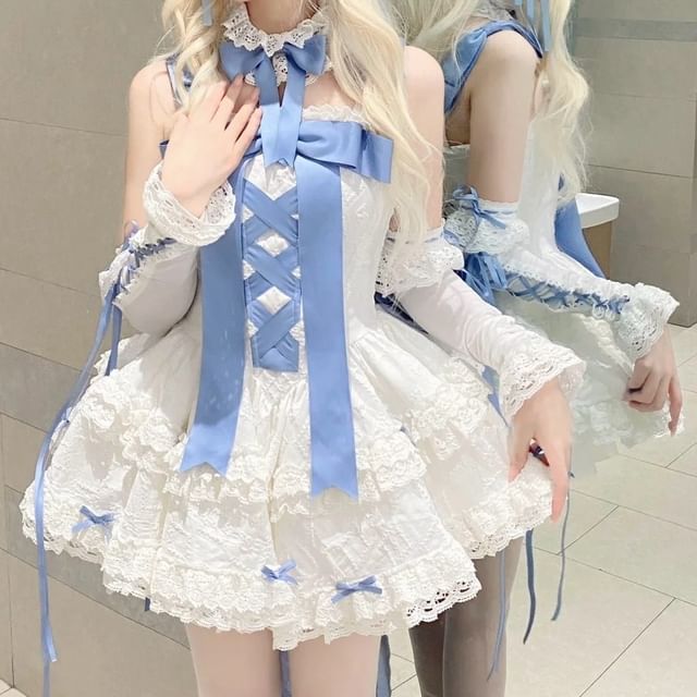 Strapless Bow Tiered Lace Trim Mini A-Line Dress / Shoulder Strap / Choker / Veil /  Arm Sleeve / Train / Set