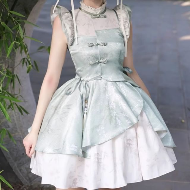 Detachable Long-Sleeve Bamboo Jacquard Frog Button Ruffle Trim Mini A-Line Dress / Petticoat Skirt / Set