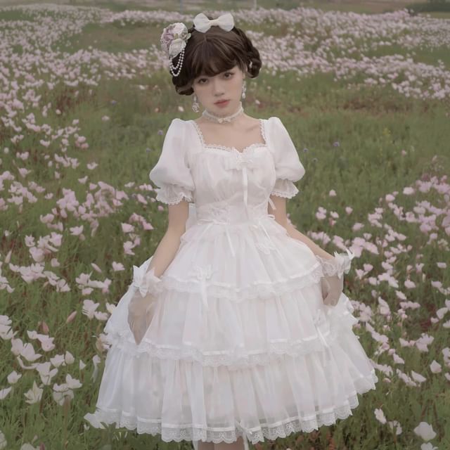 Puff-Sleeve Butterfly Applique Tiered Lace Trim A-Line Dress / Bow / Brooch / Petticoat Skirt / Set