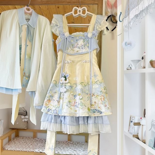 Sleeveless Rabbit Print Lace Trim A-Line Dress / Long-Sleeve V-Neck Contrast Trim Wrap Blouse / Petticoat Skirt / Set