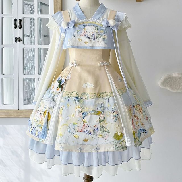 Sleeveless Rabbit Print Lace Trim A-Line Dress / Long-Sleeve V-Neck Contrast Trim Wrap Blouse / Petticoat Skirt / Set