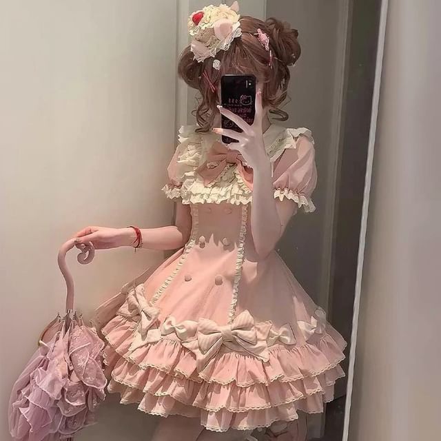 Short-Sleeve Bow Lace Panel Tiered Mini A-Line Dress / Arm Sleeves / Fascinator Hat / Hair Clip / Set