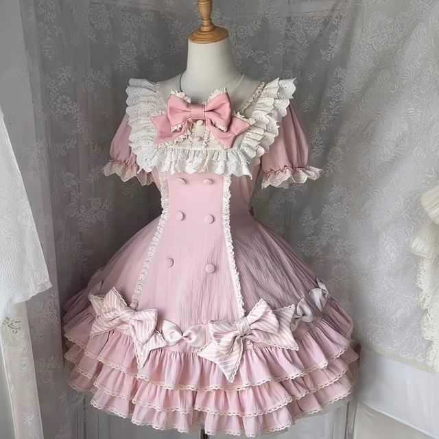 Short-Sleeve Bow Lace Panel Tiered Mini A-Line Dress / Arm Sleeves / Fascinator Hat / Hair Clip / Set