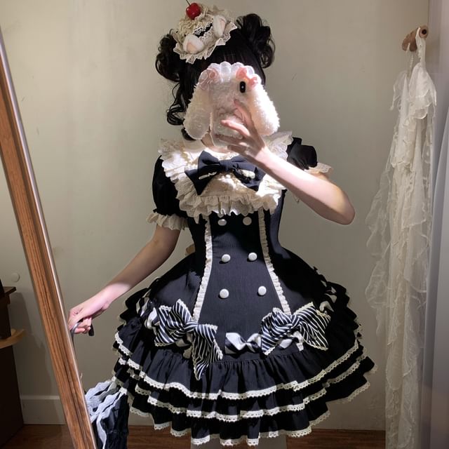 Short-Sleeve Bow Lace Panel Tiered Mini A-Line Dress / Arm Sleeves / Fascinator Hat / Hair Clip / Set