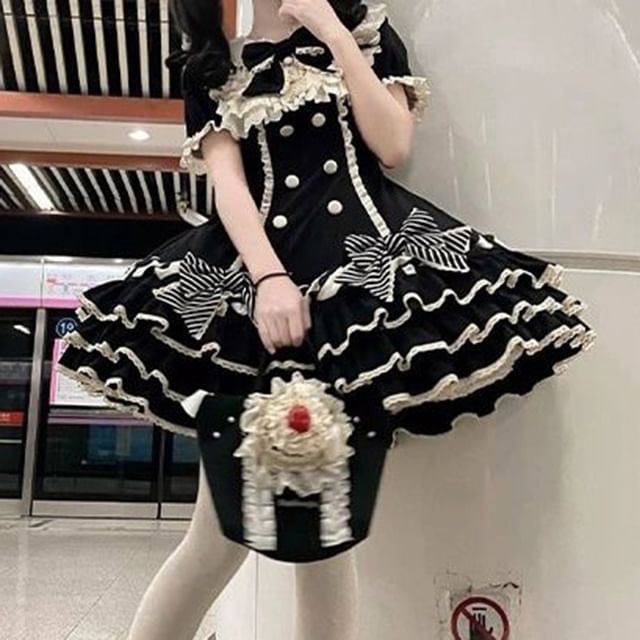 Short-Sleeve Bow Lace Panel Tiered Mini A-Line Dress / Arm Sleeves / Fascinator Hat / Hair Clip / Set