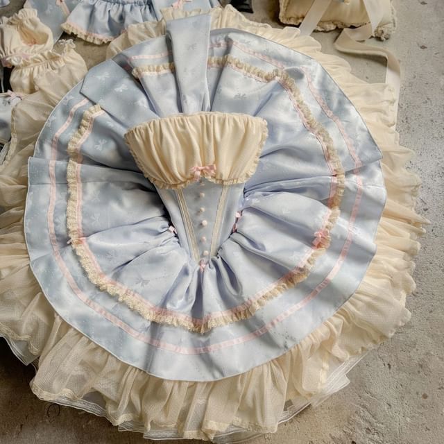 Halter Bow Lace Trim A-Line Corset Dress / Puff Arm Sleeves / Bow / Petticoat Skirt / Set