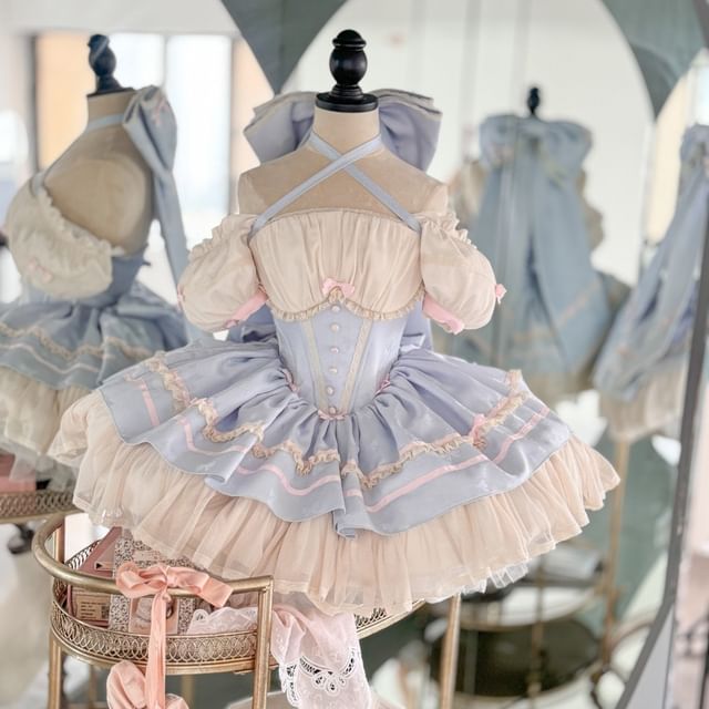 Halter Bow Lace Trim A-Line Corset Dress / Puff Arm Sleeves / Bow / Petticoat Skirt / Set