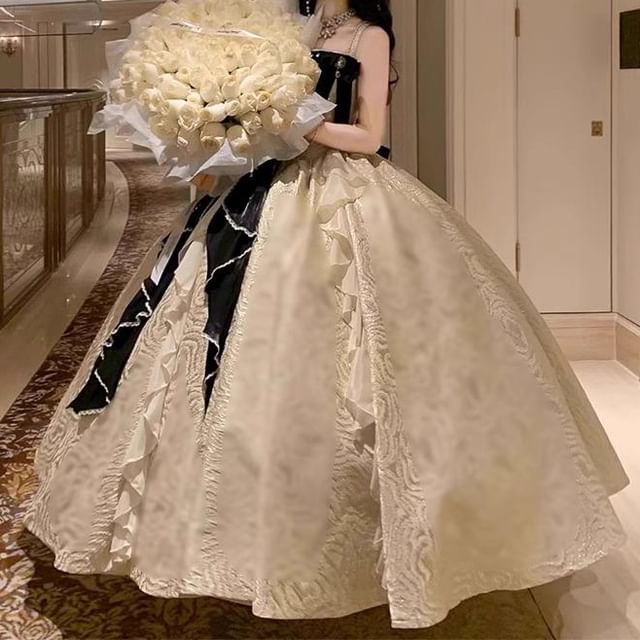 Faux Bow Strap / Ruffle Spaghetti Trim Skirt Evening A-Line Pearl Petticoat Gown Set