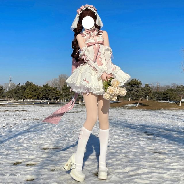 Strapless Bow Tiered Lace Trim Mini A-Line Dress / Shoulder Strap / Choker / Veil /  Arm Sleeve / Train / Set