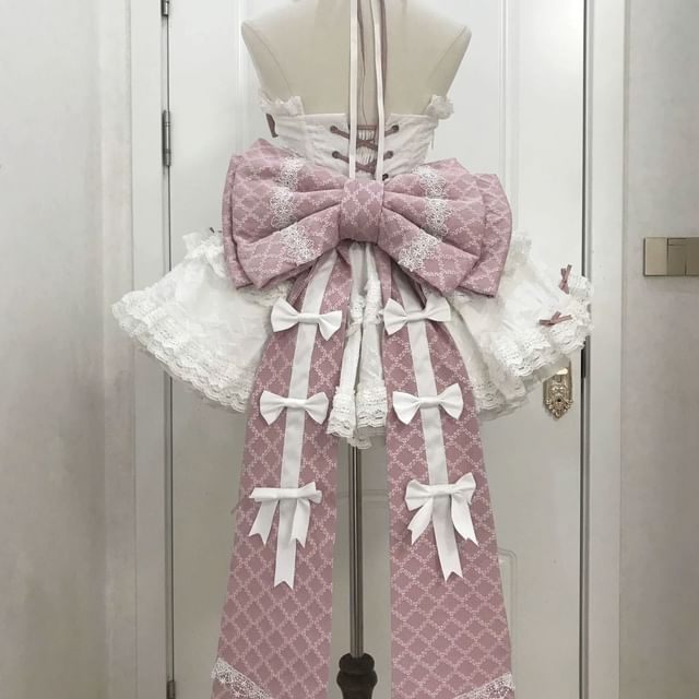 Strapless Bow Tiered Lace Trim Mini A-Line Dress / Shoulder Strap / Choker / Veil /  Arm Sleeve / Train / Set