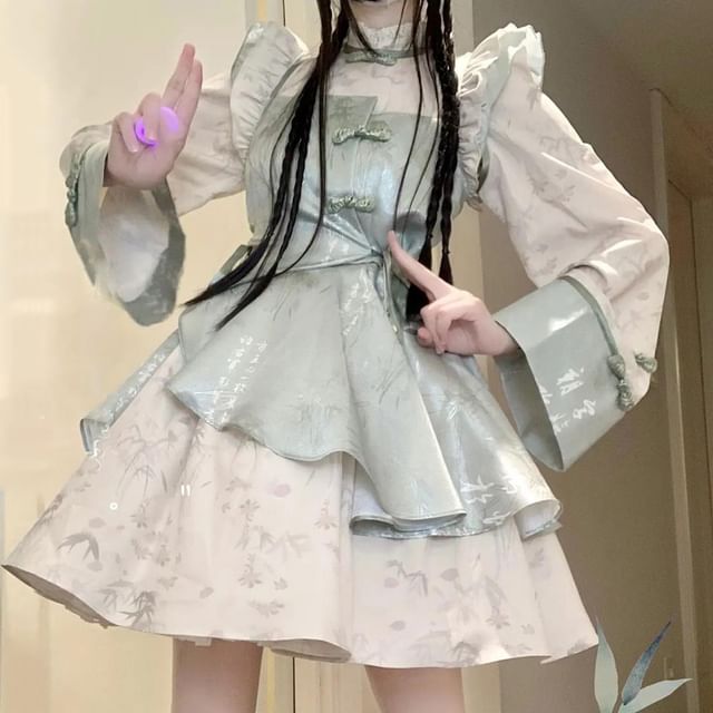 Detachable Long-Sleeve Bamboo Jacquard Frog Button Ruffle Trim Mini A-Line Dress / Petticoat Skirt / Set