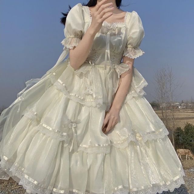 Puff-Sleeve Butterfly Applique Tiered Lace Trim A-Line Dress / Bow / Brooch / Petticoat Skirt / Set