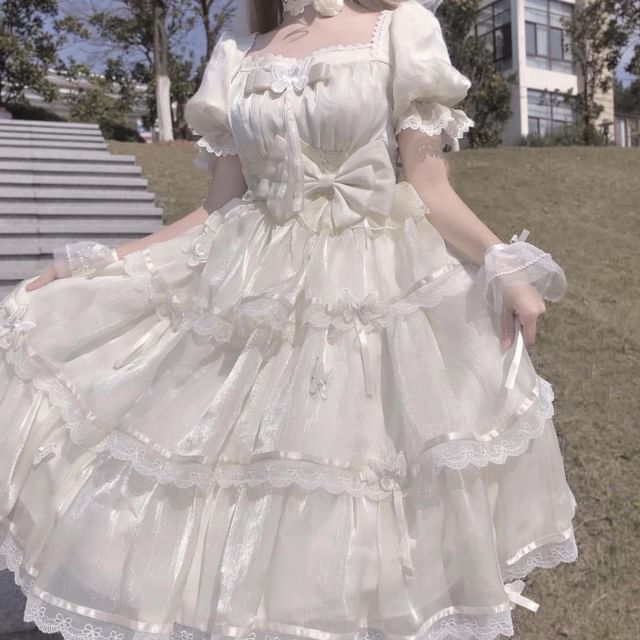 Puff-Sleeve Butterfly Applique Tiered Lace Trim A-Line Dress / Bow / Brooch / Petticoat Skirt / Set