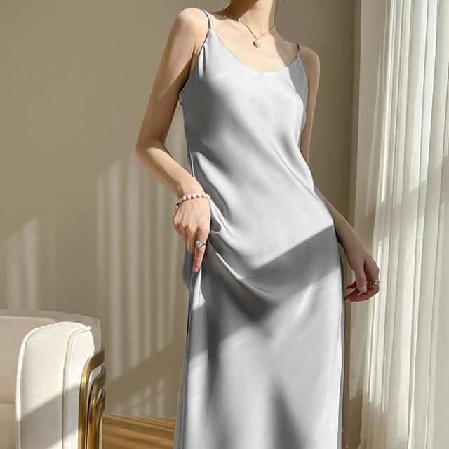 Midi Dress V-Neck Spaghetti A-Line Strap Satin Plain