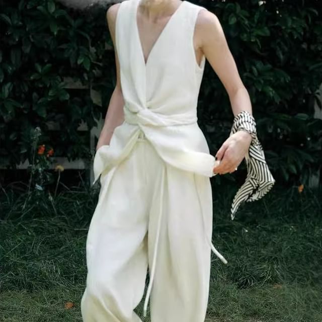 Knot V-Neck / Slit Plain Leg Pants Wide High Top Rise Tank