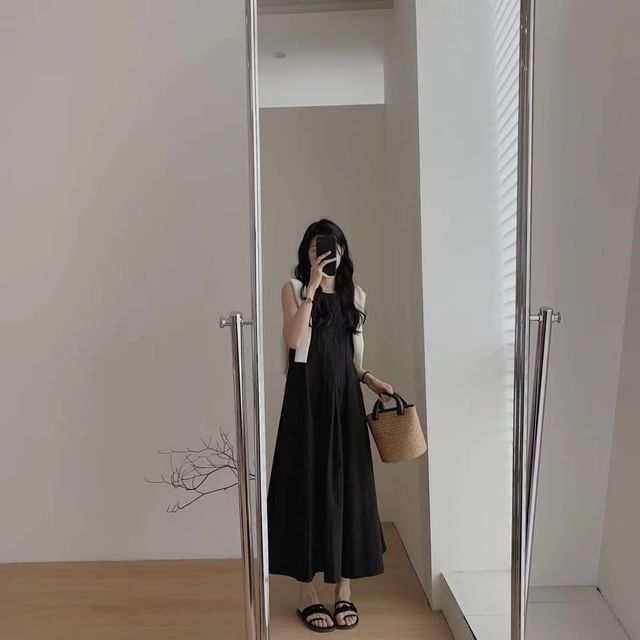 Crew Sleeveless Dress Neck Pleated Midi Plain A-Line