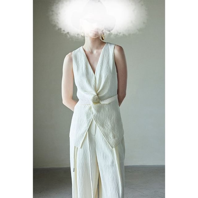 Knot V-Neck / Slit Plain Leg Pants Wide High Top Rise Tank