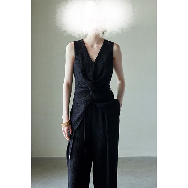 Knot V-Neck / Slit Plain Leg Pants Wide High Top Rise Tank