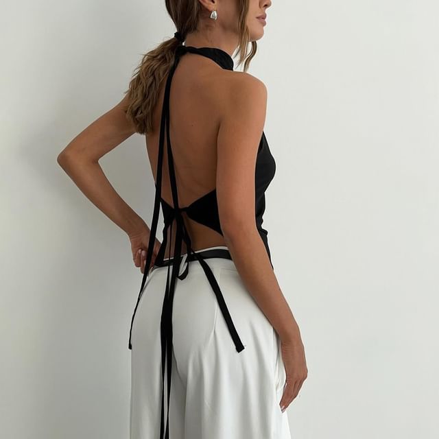 Top Fit Neck Asymmetrical Back Halter Plain Open Slim Mock Crop