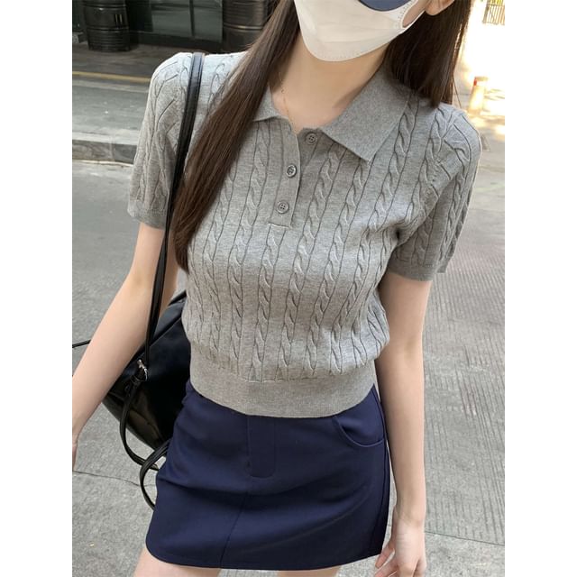 Plain Polo Cable Shirt Short-Sleeve Crop Knit