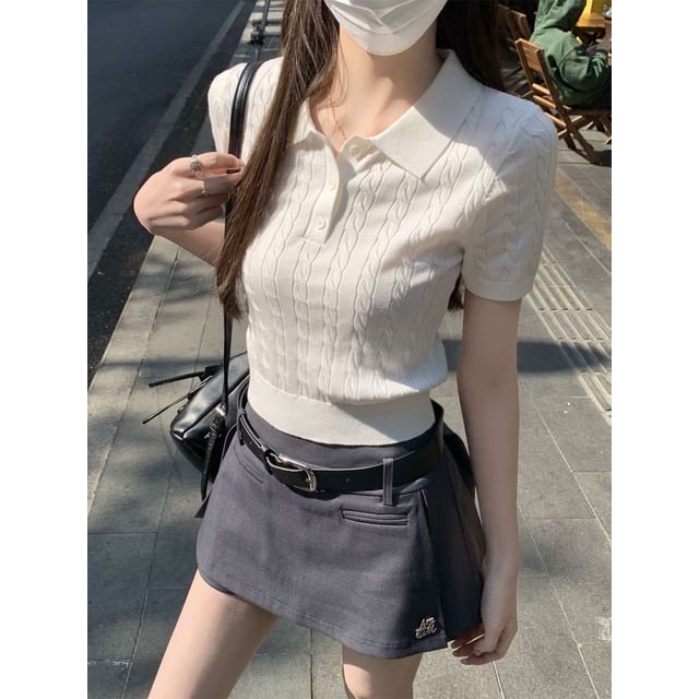 Plain Polo Cable Shirt Short-Sleeve Crop Knit