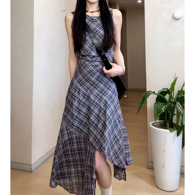 Dress Neck Sleeveless A-Line Maxi Round Plaid Asymmetrical