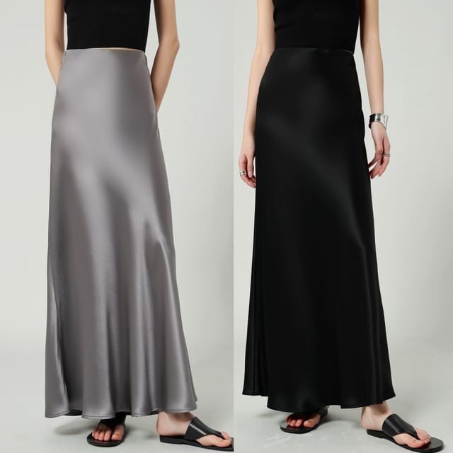 Waist Maxi A-Line Satin Skirt High Plain