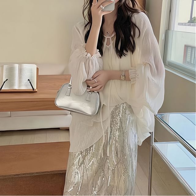 H-Line / Tie Rise Midi Sequin Front Plain Set Skirt V-Neck High Sheer Blouse Long-Sleeve Top Cami