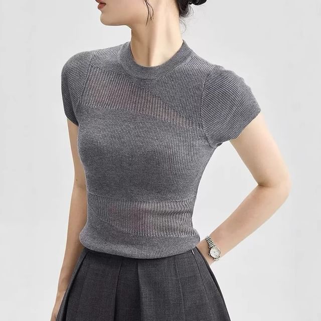 Knit Round Neck Plain Cap-Sleeve Top Sheer Panel