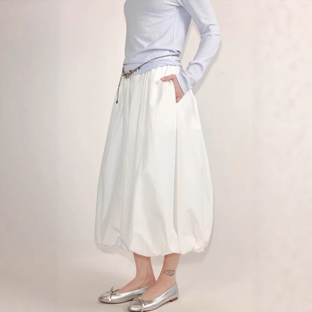 Skirt Waist Midi Plain Elastic Paperbag