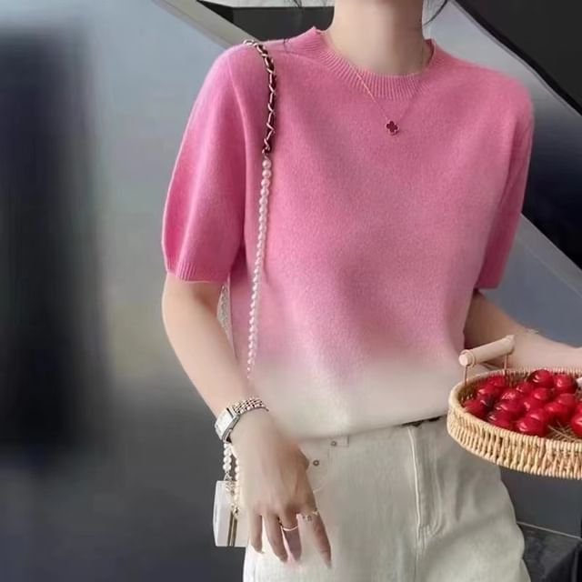 Knit Neck Gradient Crew Short-Sleeve Top