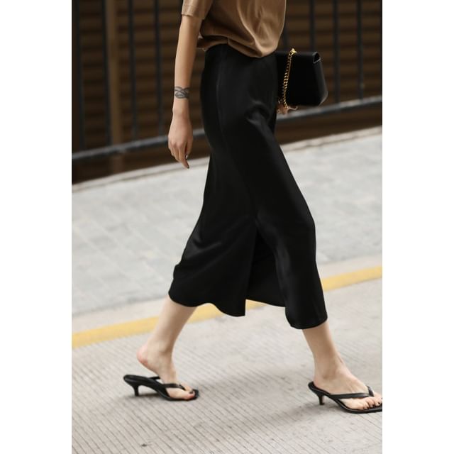 Plain High Slit Midi Rise Satin Skirt Pencil