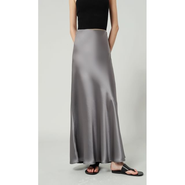 Waist Maxi A-Line Satin Skirt High Plain