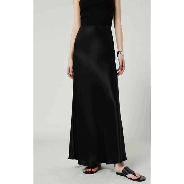 Waist Maxi A-Line Satin Skirt High Plain