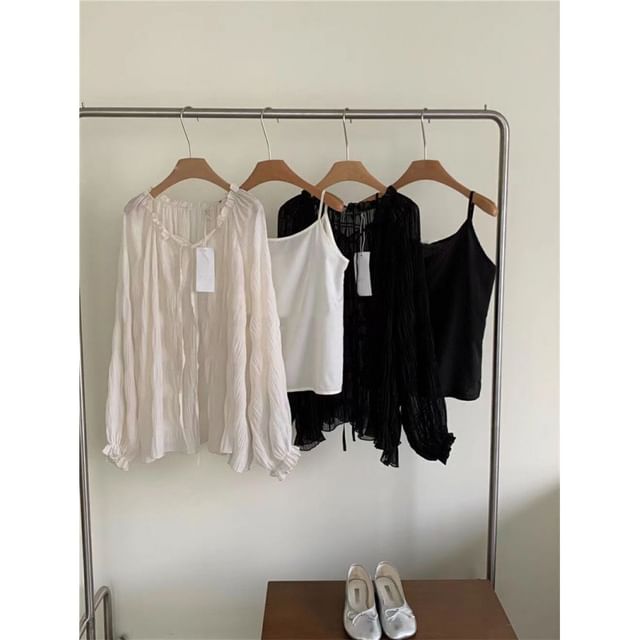 Plain / Cami Midi Skirt Rise Blouse Front Set V-Neck Tie Long-Sleeve Sheer High Top H-Line Sequin