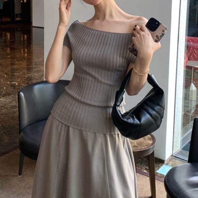 Shoulder Top Ribbed Plain Short-Sleeve Off Knit